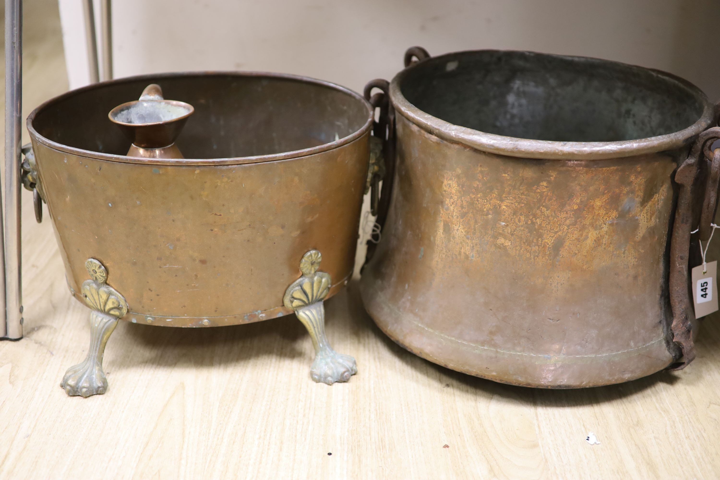 Two copper coal bins and a jug